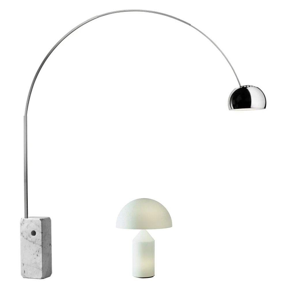 The Flos Arco Floor Lamp & The Oluce Atollo Opal Glass Lamp The Flos Arco Floor Lamp & The Oluce Atollo Opal Glass Lamp