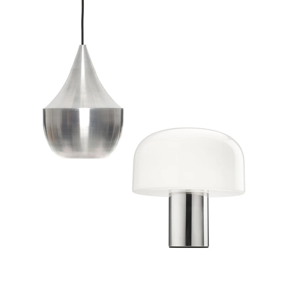 The Tom Dixon Unbeaten LED Fat Pendant & The Flos Bellhop Glass Table Lamp The Tom Dixon Unbeaten LED Fat Pendant & The Flos Bellhop Glass Table Lamp