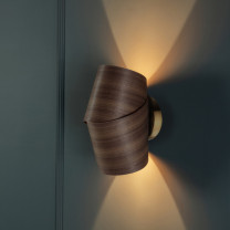 Tom Raffield Neap Wall Light Walnut on Wall Illuminated