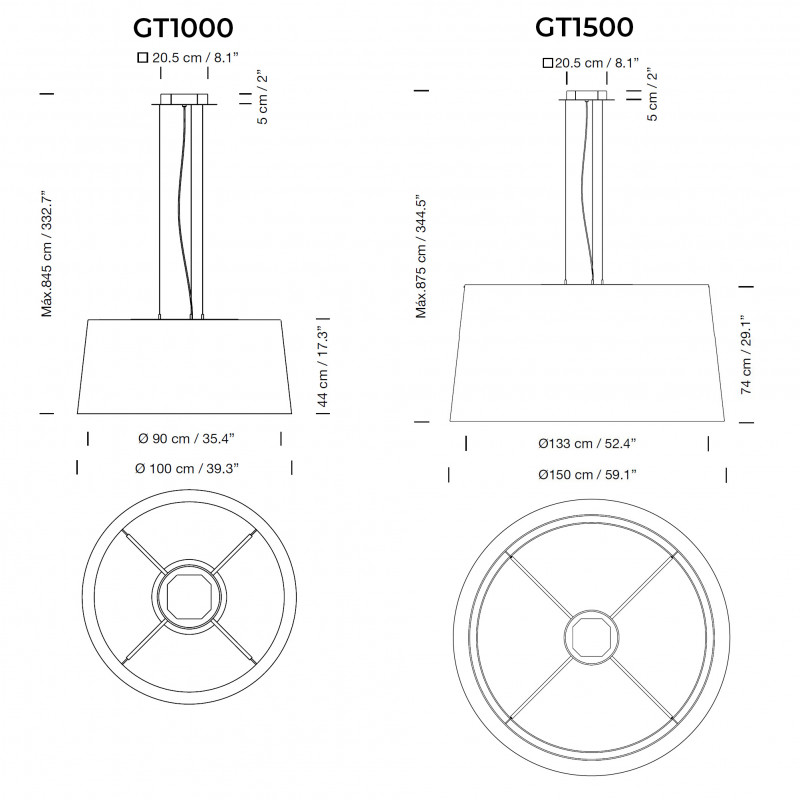 Specification image for Santa & Cole GT1000/GT1500 LED Suspension